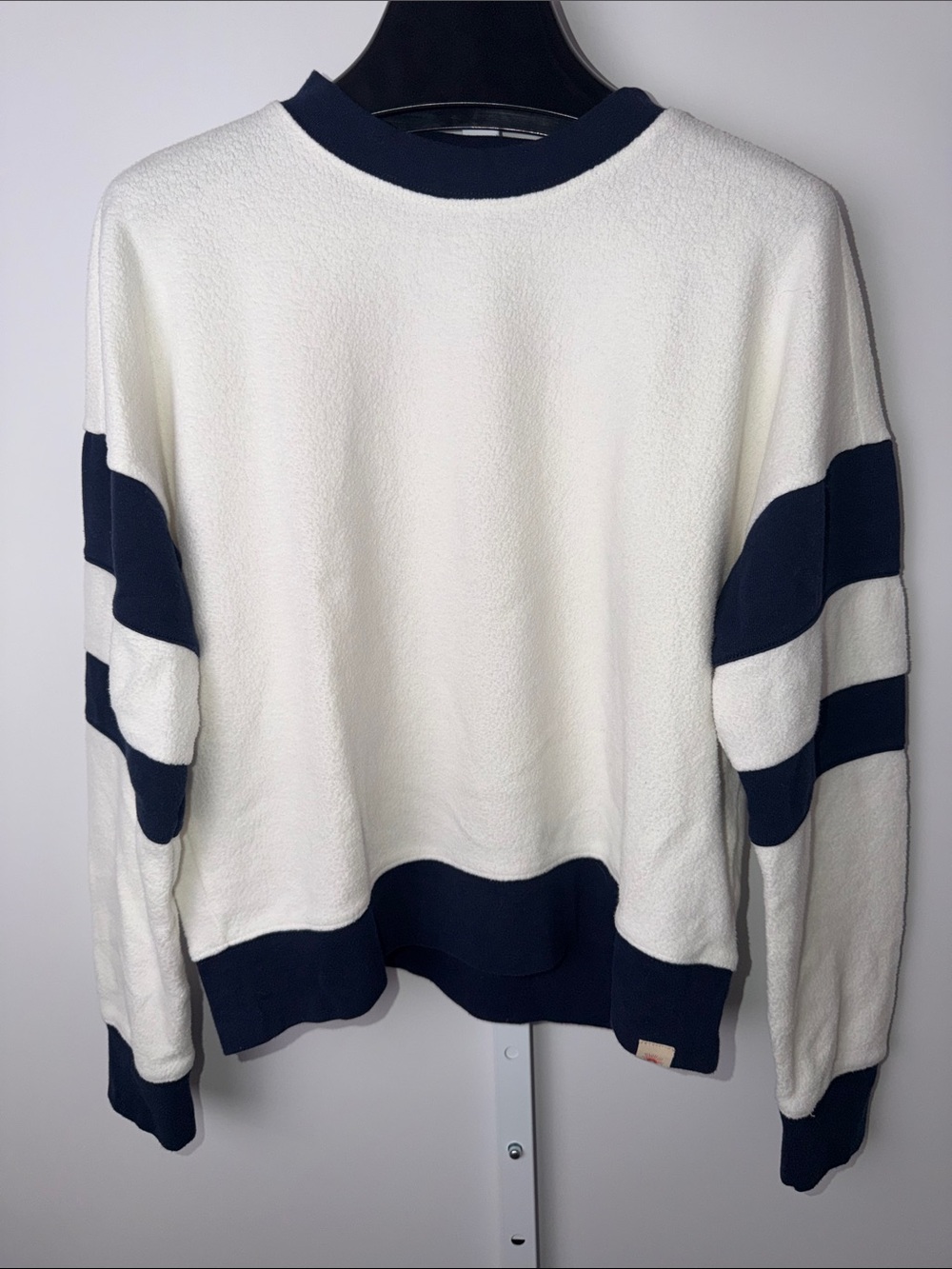 Women’s Faherty Crewneck Sweatshirt in ivory with Navy Stripes